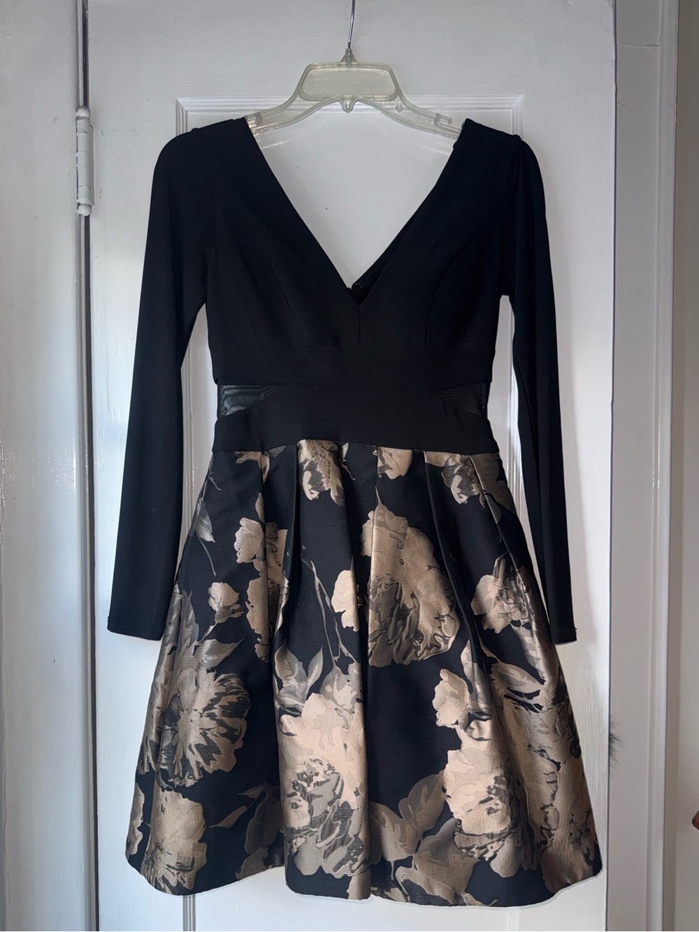 Xscape Black Dress with Metallic Gold Floral Skirt